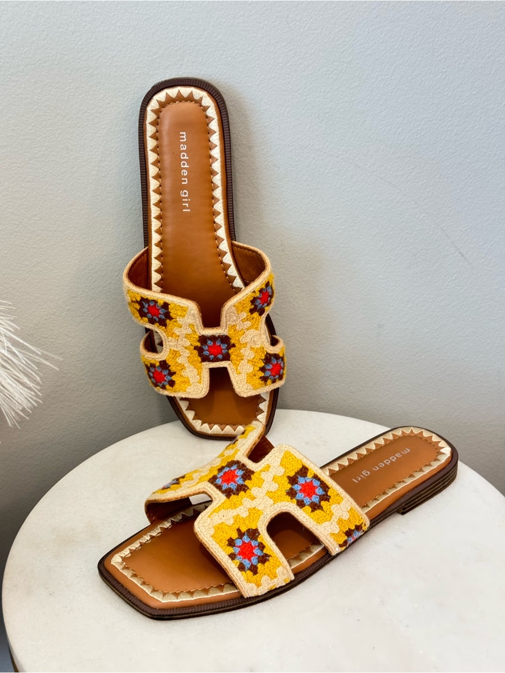 Madden Girl Yellow Embroidered Slide Mules
